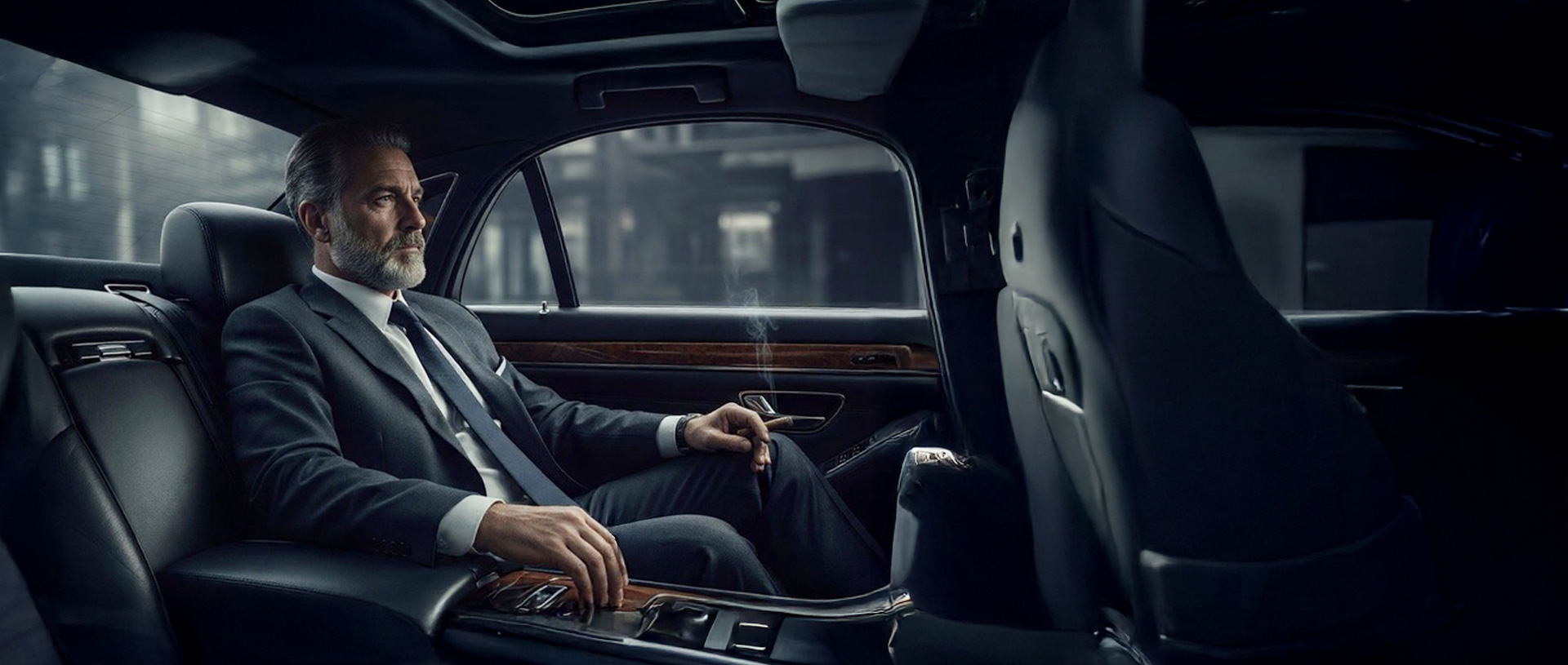 Man With Cigarette In Luxury Car, Front-Facing View