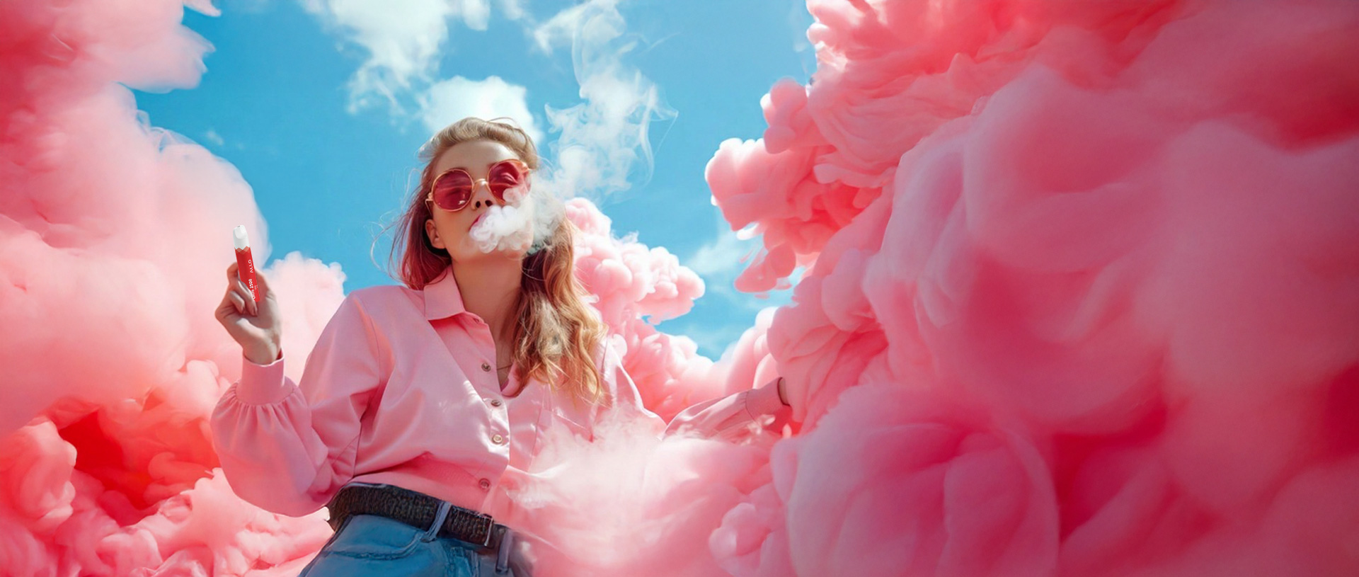 Woman Exhaling Pink Vapor Cloud, Side View